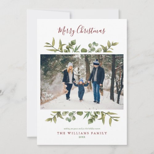 Merry Christmas Greenery Foliage 2 Photo Holiday Card