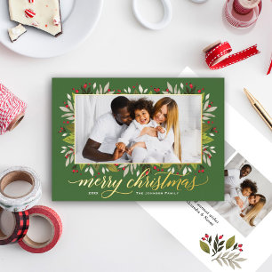 Merry Christmas Greenery Frame Script Photo Gold Foil Holiday Card