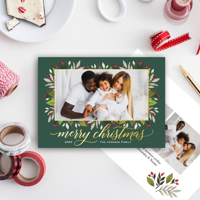Merry Christmas Greenery Frame Script Photo Gold Foil Holiday Card (Creator Uploaded)