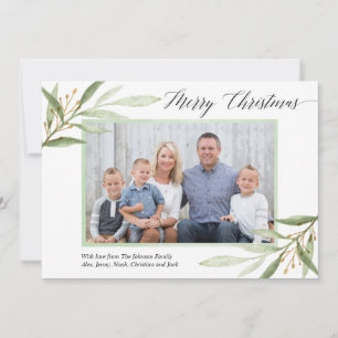 Merry Christmas greenery gold modern photo card