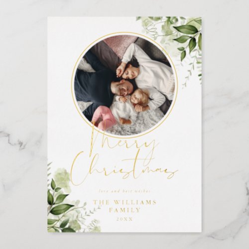 Merry Christmas Greenery Gold Ring Photo Foil Holiday Card