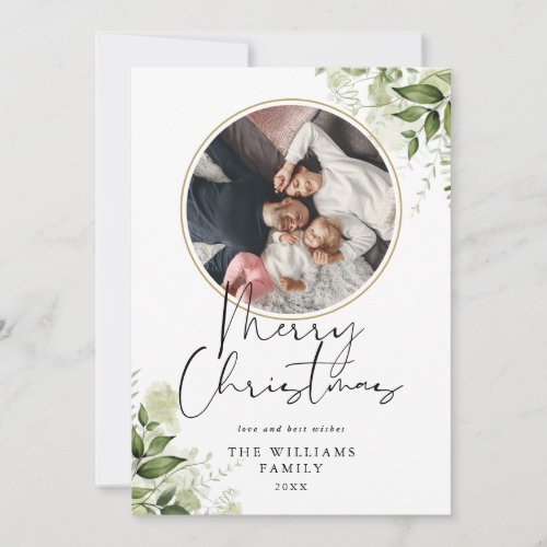 Merry Christmas Greenery Gold Ring Photo Holiday Card