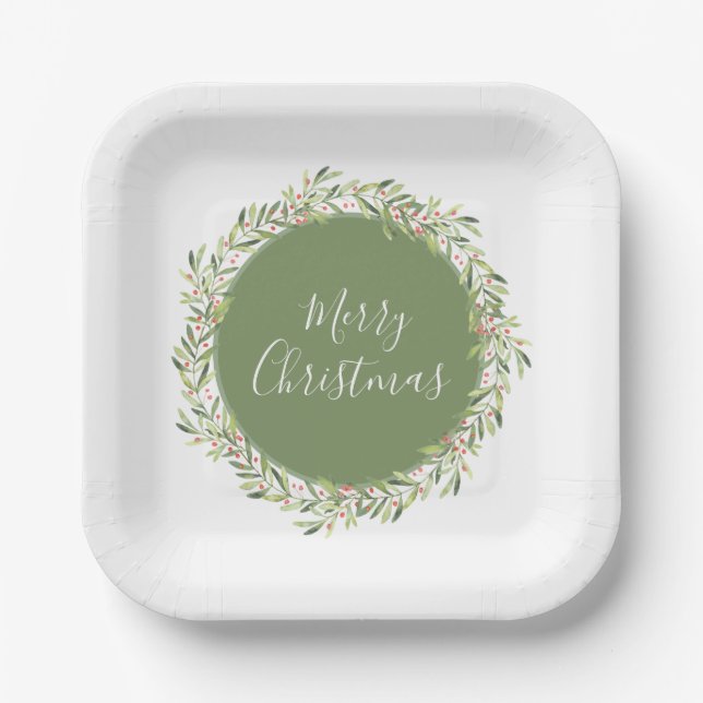Merry Christmas Greenery Paper Plates (Front)