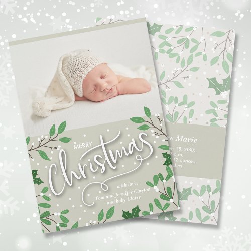 Merry Christmas Greenery Photo Birth Announcements