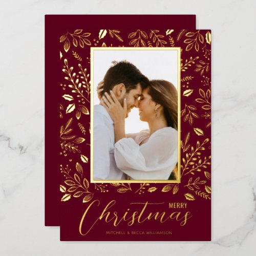 Merry Christmas Greenery Photo  Foil Holiday Card