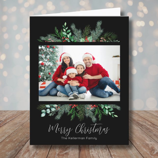 Merry Christmas Greenery Photo Holiday Card (Merry Christmas Greenery Modern Black Photo Holiday Card)