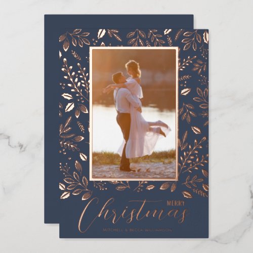 Merry Christmas Greenery Photo Rose Gold Foil Holiday Card