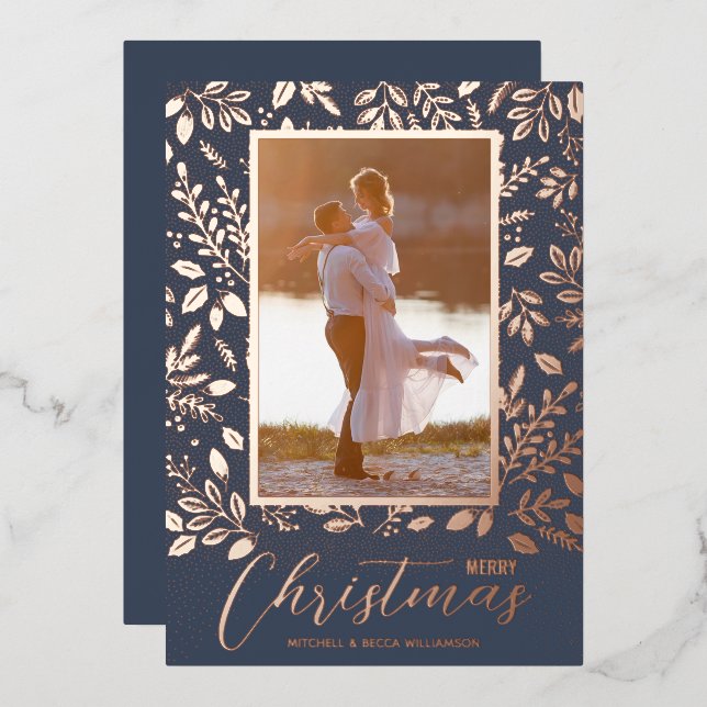Merry Christmas Greenery Photo Rose Gold Foil Holiday Card (Front/Back)