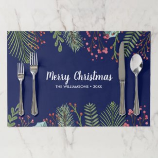 Merry Christmas Greenery Pine Berries Custom Blue Paper Placemat