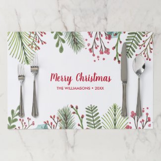 Merry Christmas Greenery Pine Berries Custom Paper Placemat
