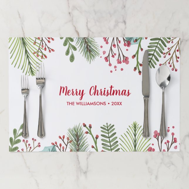 Merry Christmas Greenery Pine Berries Custom Paper Placemat (In Situ)