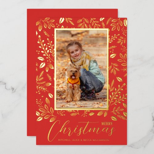 Merry Christmas Greenery Red Photo Gold Foil Holiday Card