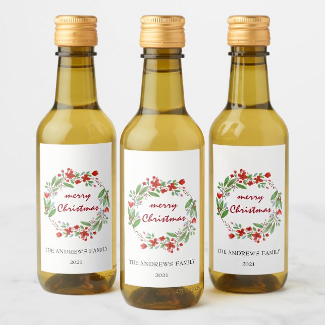 Merry Christmas Greenery Red Wreath Mini  Wine Label (Bottles)