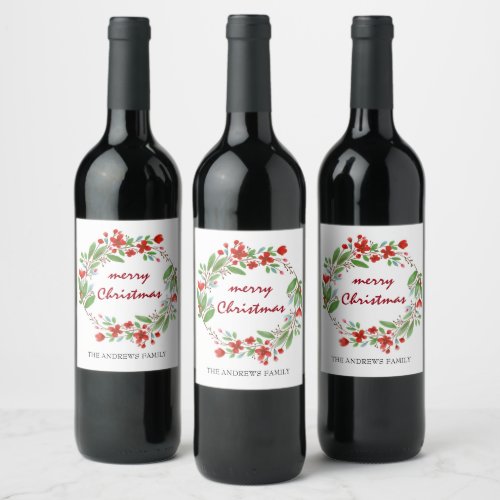 Merry Christmas Greenery Red Wreath Wine Label