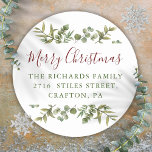 Merry Christmas Greenery Return Address Classic Round Sticker<br><div class="desc">Watercolor greenery frames elegant script Merry Christmas typography on these elegant return address stickers. Personalize with your family name and address. Designed by Thisisnotme©</div>