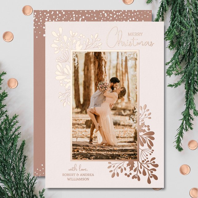Merry Christmas Greenery Rose Gold Foil Holiday Card (REAL rose gold foil! Merry Christmas Greenery Holiday Greeting Cards)