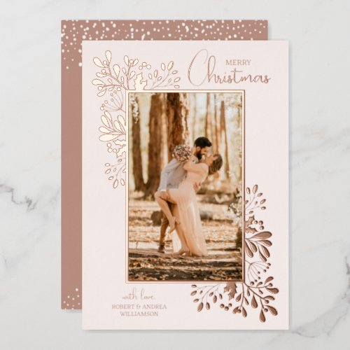 Merry Christmas Greenery Rose Gold Foil Holiday Card