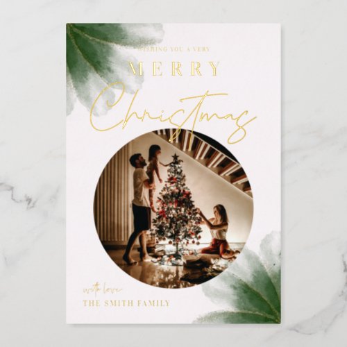 Merry Christmas Greenery Script Photo Foil Card