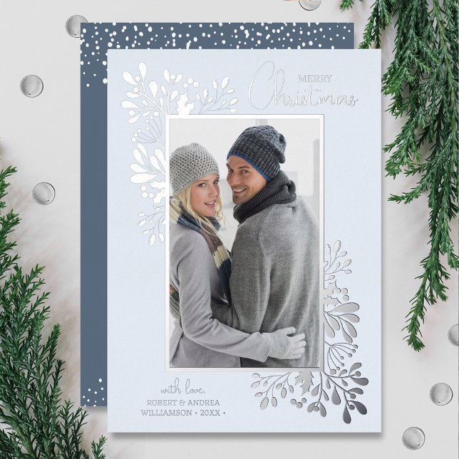 Merry Christmas Greenery Silver Foil Holiday Card (REAL silver foil! Merry Christmas Greenery Holiday Cards)