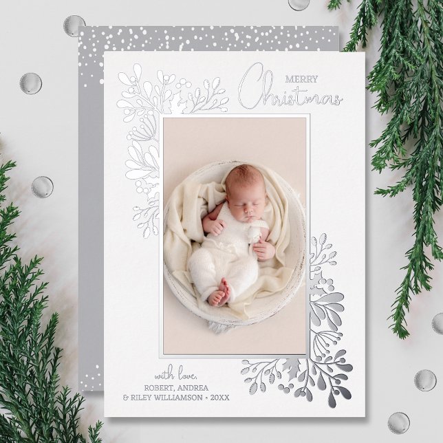 Merry Christmas Greenery Silver Foil Holiday Card (Creator Uploaded)
