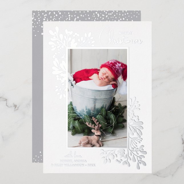Merry Christmas Greenery Silver Foil Holiday Card (Front/Back)