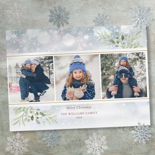 Merry Christmas Greenery Snowflakes Photo Collage Holiday Card