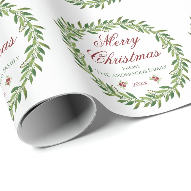 Merry Christmas Greenery Wreath Family   Wrapping Paper (Roll Corner)