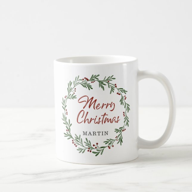 Merry Christmas Greenery Wreath Personalized Coffee Mug (Right)