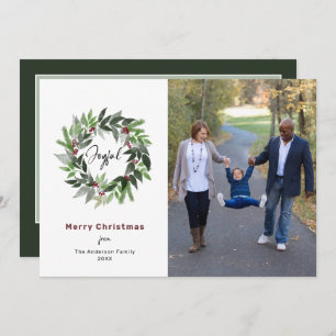 Merry Christmas Greenery Wreath Photo Holiday Card