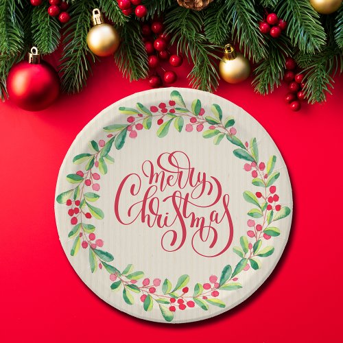 Merry Christmas Greens Berries Paper Plates