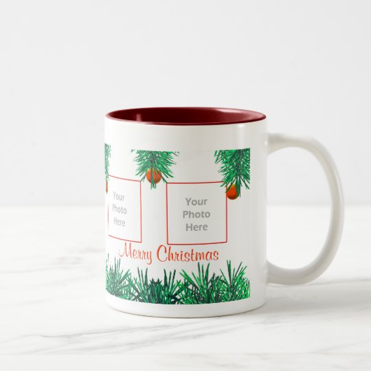 Merry Christmas Greens on White 4-Photo Frame Two-Tone Coffee Mug