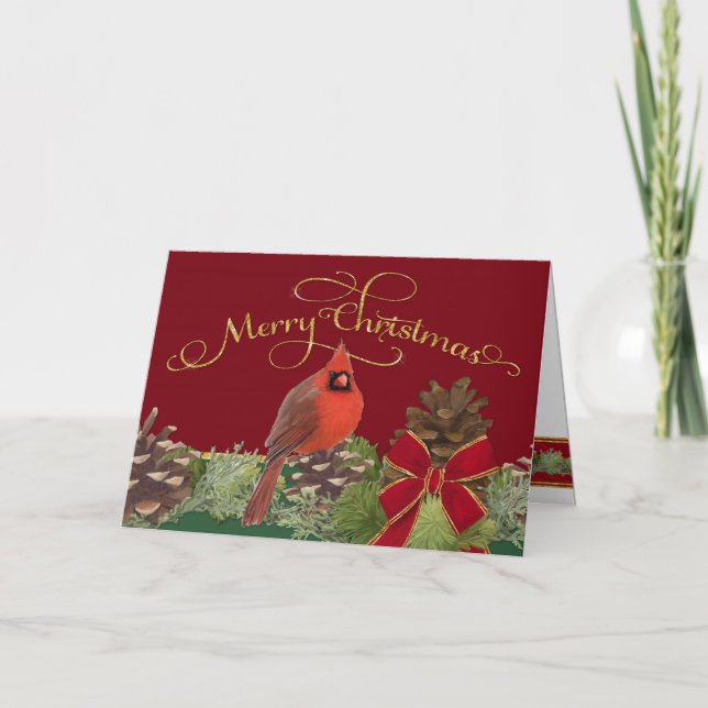 Merry Christmas Greeting Card Cardinal Pine Cones (Front)