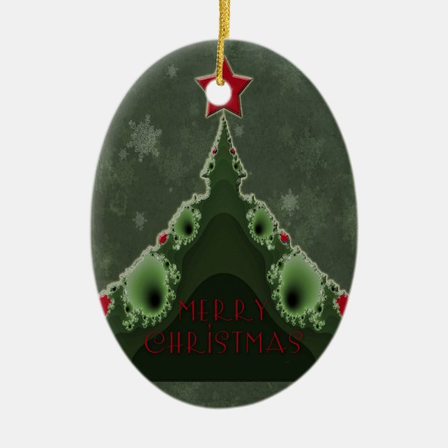 Merry Christmas Greeting - Fractal Tree and Star Ceramic Ornament (Front)