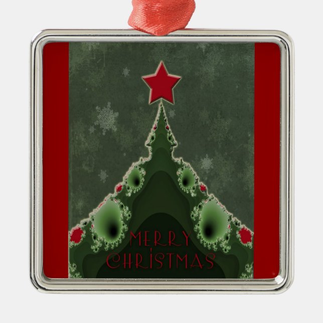 Merry Christmas Greeting - Fractal Tree and Star Metal Ornament (Front)