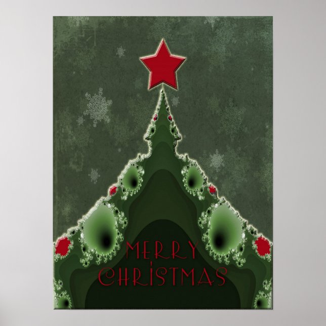 Merry Christmas Greeting - Fractal Tree and Star Poster (Front)