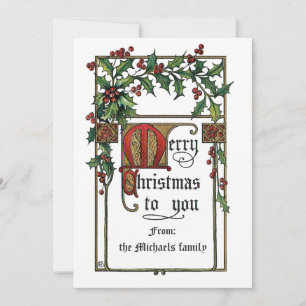 Merry Christmas Greeting Vintage Holly Border Holiday Card