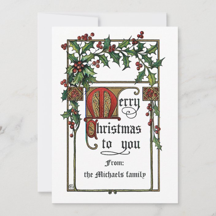 Merry Christmas Greeting Vintage Holly Border Holiday Card Zazzle Com