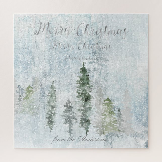 Merry Christmas Greeting Winter Storm Pines  Jigsaw Puzzle (Vertical)