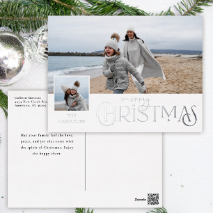 Merry Christmas Greeting with Photo Insert Silver Foil Holiday Postcard