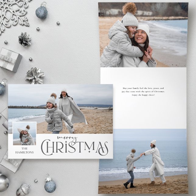 Merry Christmas Greeting with Photo Insert Silver Tri-Fold Holiday Card (Creator Uploaded)