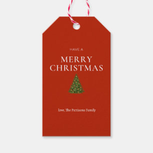 Merry Christmas greeting with tree on red custom Gift Tags