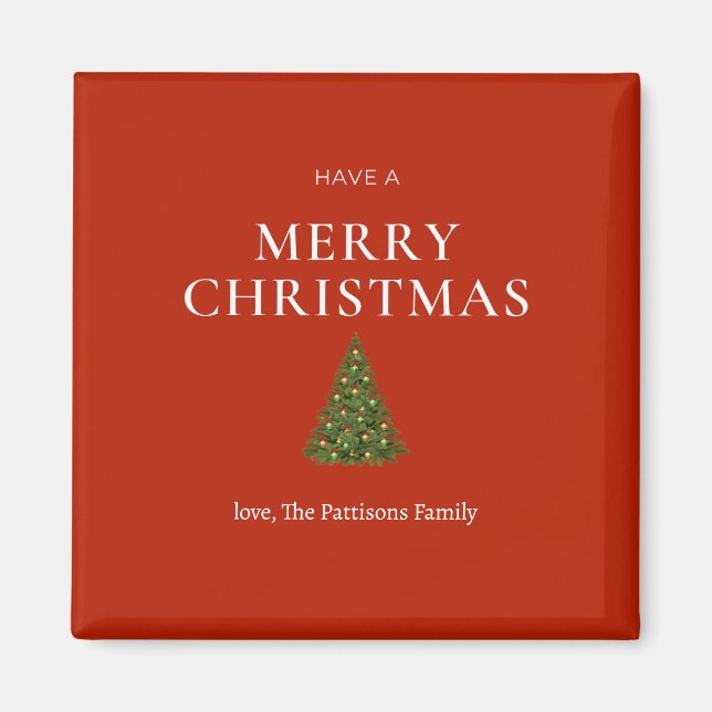 Merry Christmas greeting with tree on red custom Magnet (Front)
