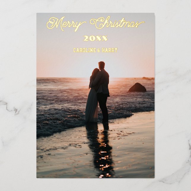 Merry Christmas Greetings from Happy Couple Foil Invitation (Front)