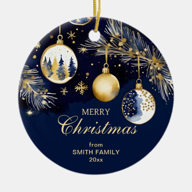 Merry Christmas greetings gold navy blue baubles Ceramic Ornament (Front)