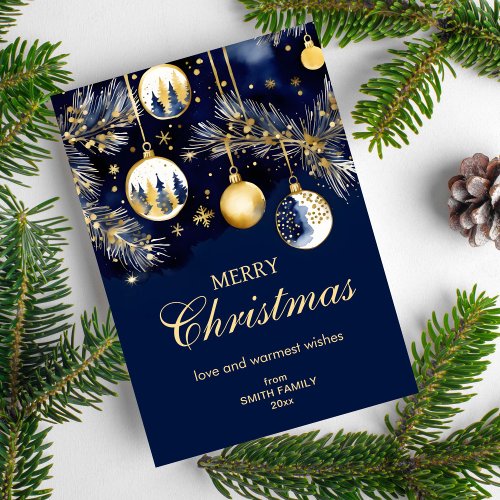 Merry Christmas greetings gold navy blue baubles Holiday Card