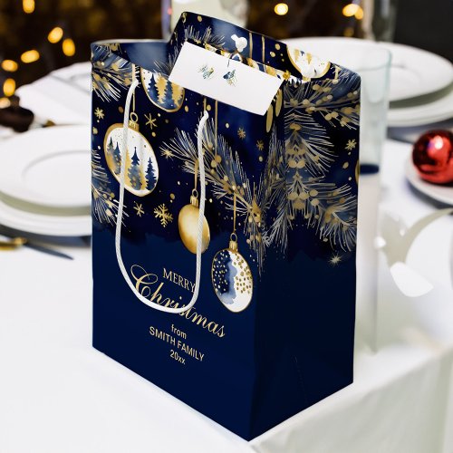 Merry Christmas greetings gold navy blue baubles Medium Gift Bag