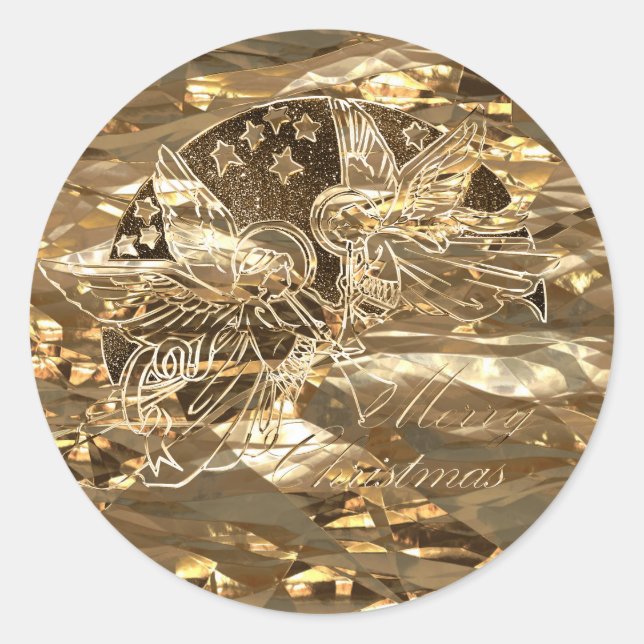 Merry Christmas Greetings Golden Angels Elegant Classic Round Sticker (Front)