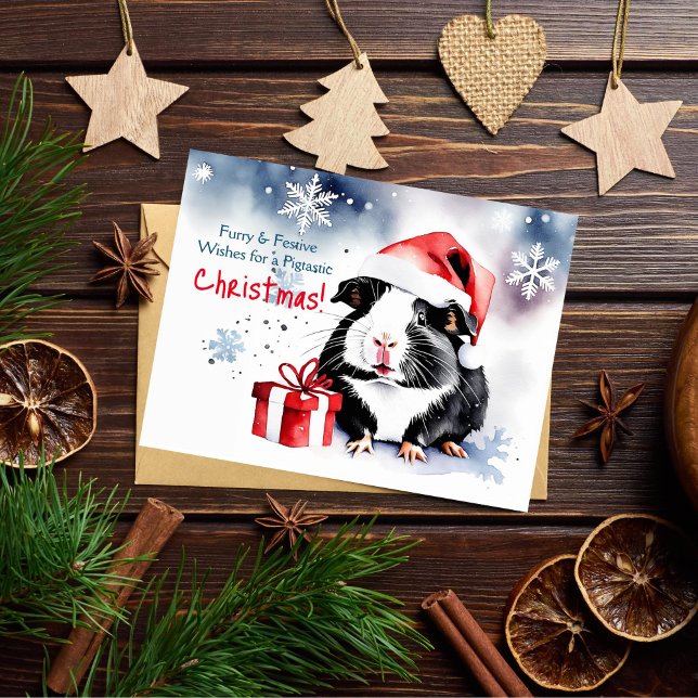 Merry Christmas greetings guinea pig pet Postcard (Guinea pig Christmas greeting postcard cute watercolor Guinea pig wearing Santa hat with a gift)