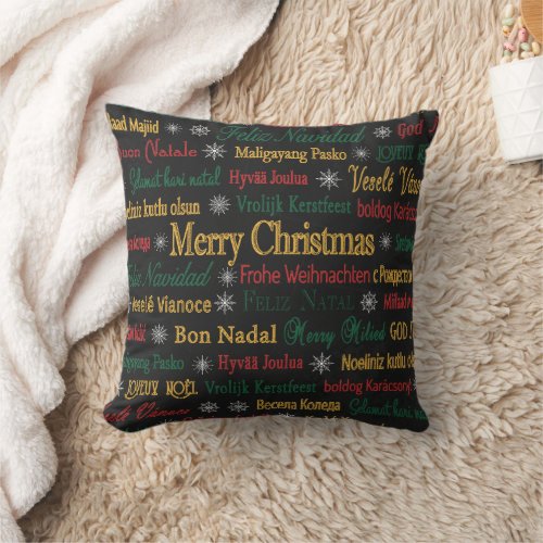 Merry Christmas Greetings in Different Language   Throw Pillow
