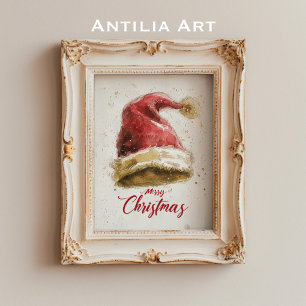 Merry Christmas Greetings Painting Santa Claus Hat Poster